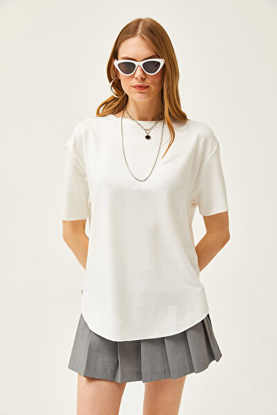 Olalook Tricou alb pentru femei, cu nasturi, cu texturi moale, șase ovale TSH-19000771