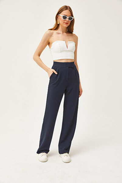 Olalook Kadın Lacivert Cırt Kapama Bol Paça Cepli Palazzo Pantolon PNT-19000255