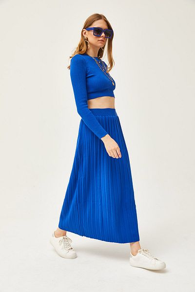 Olalook Жіночий трикотажний комплект з плісированим верхом і пуловером Sax Blue TKM19000257