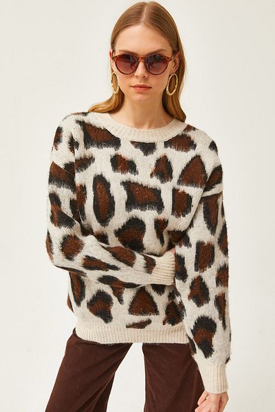 Olalook Women's Ecru Leopard Soft Textured Thick Knitwear Sweater KZK-19000798