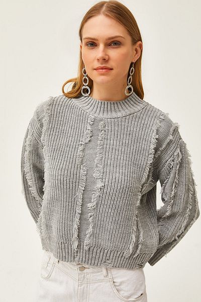 Olalook Grau gestreifter Damenpullover mit abgerundetem Saum und Strick KZK-19000797