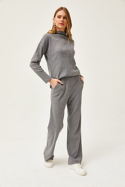 Olalook Damen Geräucherte Hosentasche Unten Hosen Top Stehkragen Bluse Erhaben Anzug TKM-19000254
