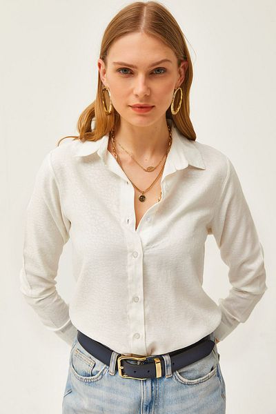 Olalook Gewebtes Hemd mit Leopardenmuster und Jacquard-Satin in Ecru für Damen GML-19001173