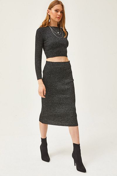 Olalook Women's Black Bottom Top Glitter Knitwear Set TKM-19000253