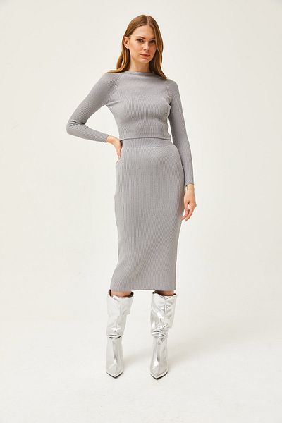 Olalook Women's Gray Bottom Top Glittery Knitwear Set TKM-19000253