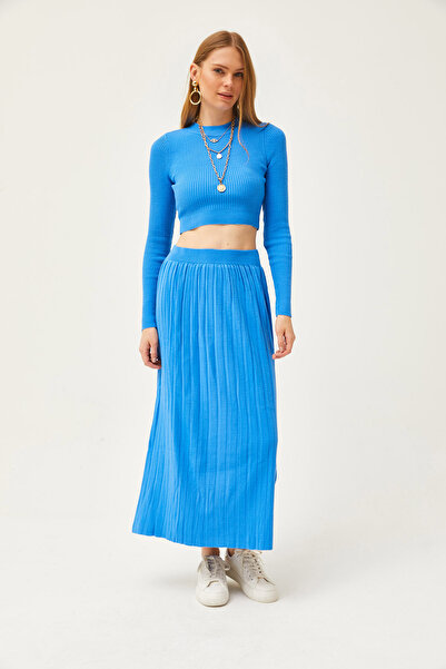 Olalook Women's Blue Top Sweater Bottom Pleated Slit Knitwear Set TKM-19000257