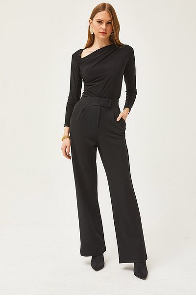 Olalook Schwarze Palazzo-Hose mit weitem Bein und Tasche für Damen, Klettverschluss, PNT-19000255