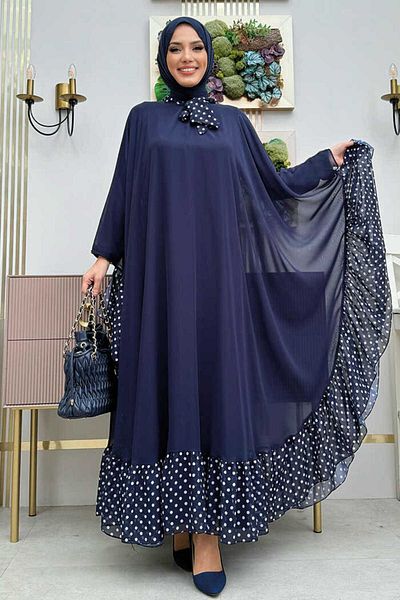Bym Fashion Σετ φόρεμα με μανδύα σιφόν Navy Blue - Λεπτομέρεια γιακά με στίγματα, Μοντέλο 3643