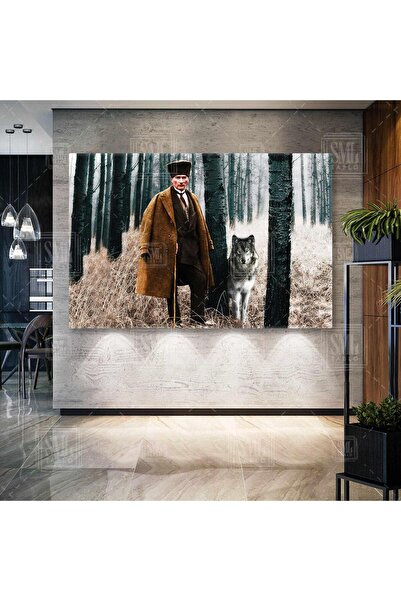 SML TABLO Mustafa Kemal Atatürk Ormanda Asil Kurt Yatay Kanvas Tablo