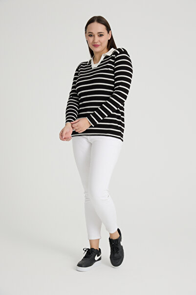 BANEGA Μπλούζα μεγάλου μεγέθους Cotton Lycra V-Neck Basic Μαύρη Λευκή Μπλούζα