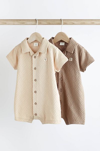Next Baby Cream Brown Textured 100% Cotton 2-Piece Romper Set