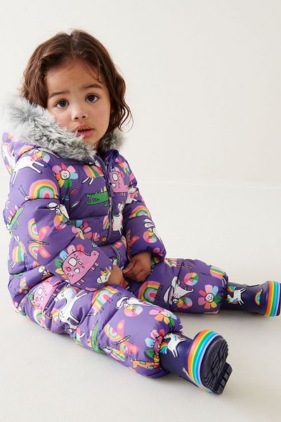 Next Baby Purple Unicorn Patterned Full Fleece Lined Snow Jumpsuit