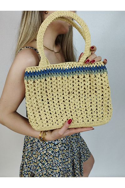 İLKCET MODA Women's Hand Knitted Straw Shoulder Bag
