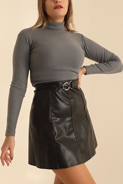 lovebox Anthracite Lycra Turtleneck Soft Knitwear Women's Sweater -220411