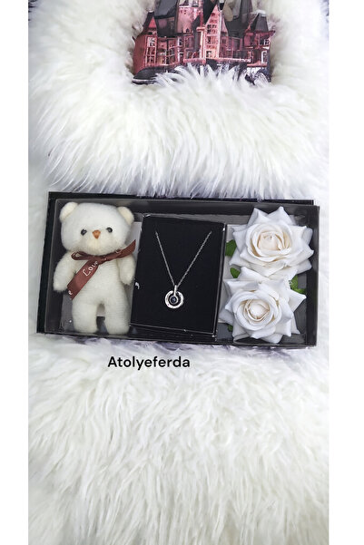 Atolye Ferda 100 Dilde Seni Seviyorum Gümüş Renk Çelik Kolyeli Ayıcık Anahtar...