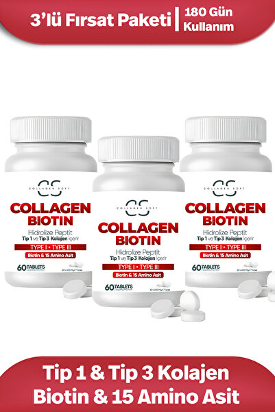 Collagen Soft 3'lü Fırsat Hidrolize Tip 1, Tip 3 Kolajen Peptitler, Biotin Ve...