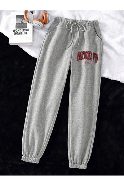 MODARİCH Μπρούκλιν Νέα Υόρκη Jogger Sweatpants - Γκρι εμπριμέ λαστιχένιο πόδι ψηλά στη μέση