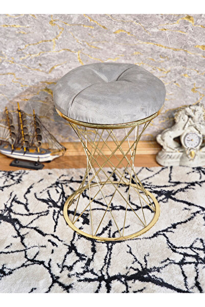 ZAFİR Yuvarlak Gold Kaplama Gri Puf Oturak - Bench - Ayak Ucu Oturak - Tabure...