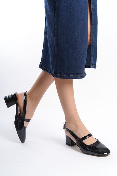 en7 Black Patent Leather Women's Open Back Belt Buckle Detailed Comfortable 5 cm Classic Heeled Shoes DRK020