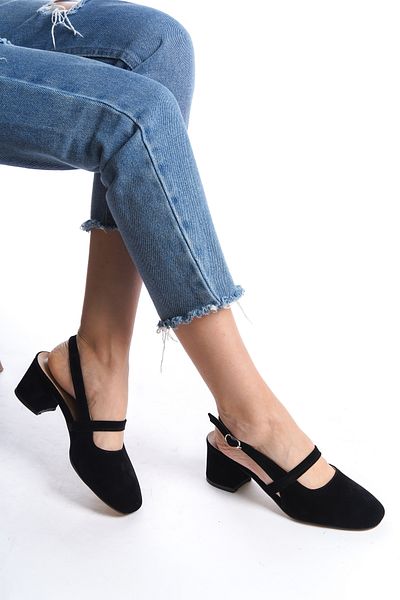 en7 Black Suede Women's Open Back Belt Buckle Detailed Comfortable 5 cm Classic Heeled Shoes DRK020
