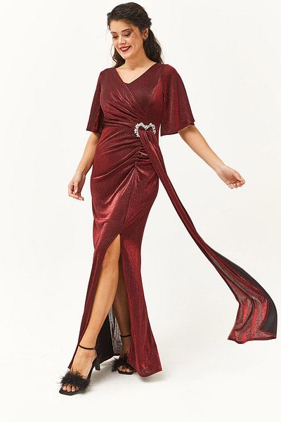 Ebsumu Women's Large Size Jewelled Buckle Detailed Long Burgundy Evening Dress & Evening Dress