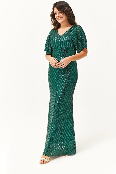 Ebsumu Kadın Büyük Beden Pul Payet Desenli Uzun Yeşil Abiye & Davet Elbisesi
