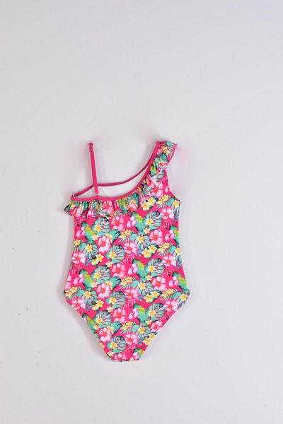 Pemilo Girl's 7251 One Shoulder Ruffle Floral Patterned Swimsuit PINK
