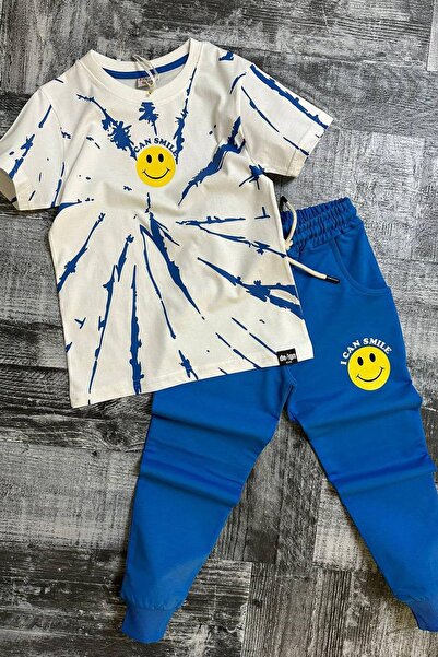 Riccotarz Boy's Smile Emoji Printed Blue Tracksuit Set