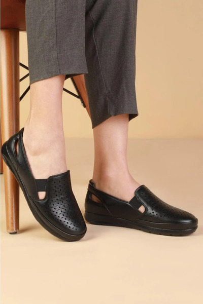 Waresta Wyzl-78 Black Orthopedic Heel Gel Daily Summer Leather Low Sole Women's Shoes Mother Shoes