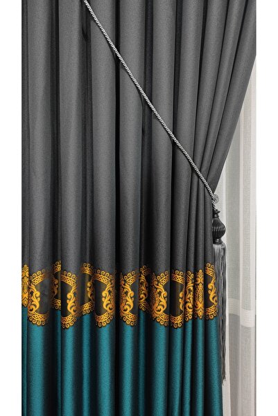 Yuka Panou Fundal Perdele Negru Petrol Verde și Auriu Dunjat O singură Aripă Închidere Plisă Jacquard Modern Model