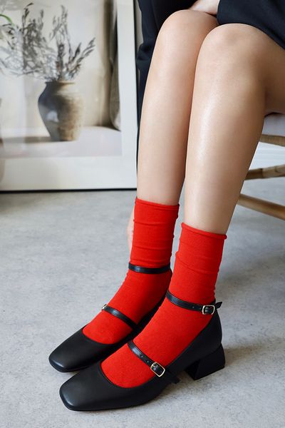POLKA STORE Mary Jane Black Matte Leather Closed Back Square Toe Cap Short Block Heeled Women's Shoes