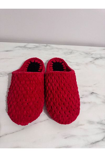 MERUT STYLE HAYATINI RENKLENDİR Red Velvet House Slippers - Rope Knitted