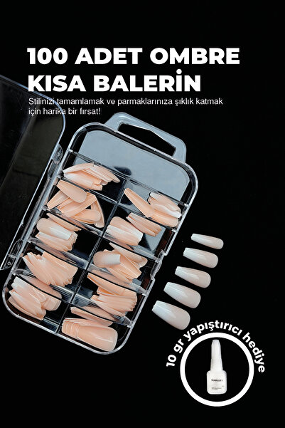Nera Classy Ombre Kısa Balerin, 100'lü Takma Tırnak Kısa Balerin, 10gr Sıvı Y...