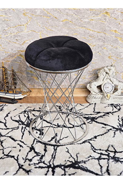 ZAFİR Yuvarlak Krom Kaplama Siyah Puf Oturak - Bench - Ayak Ucu Oturak - Tabu...