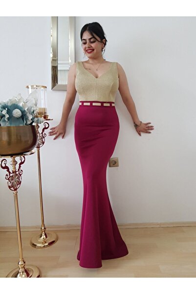 FERGAN Kadın Gold Bordo Simli Balık Abiye