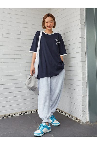 trendgar Λευκό Rebana Λεπτομερές μπλουζάκι με στάμπα Navy Blue Oversize