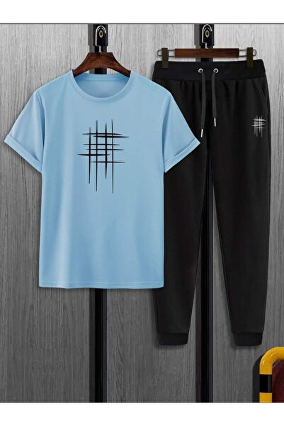 Sky Light Unisex Stripe Printed Baby Blue T-Shirt - Black Tracksuit Set
