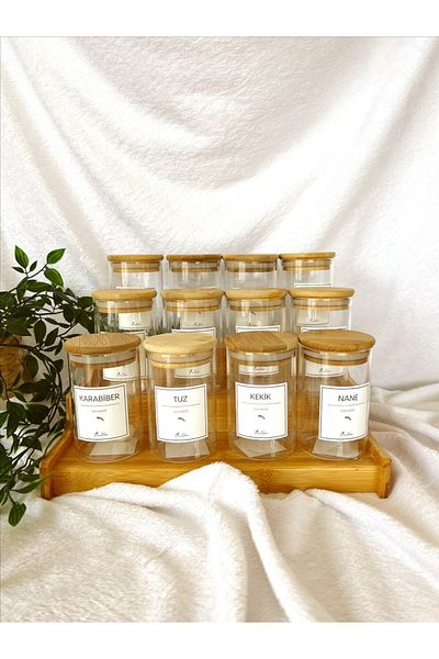 KaiHome Set of 12 300 ml Spice Jars with Wooden Ladder Stand and 12 Wooden Spoons