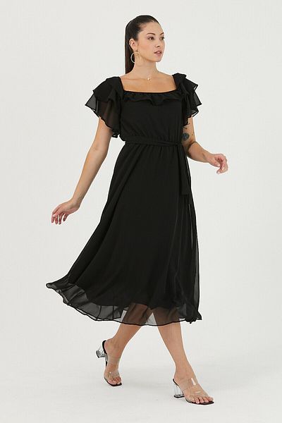Elbise Delisi Black Flounced Madonna Collar Plus Size Chiffon Dress