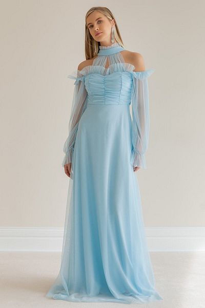 Elbise Delisi Women's Baby Blue Tulle Draped Plus Size Evening Dress