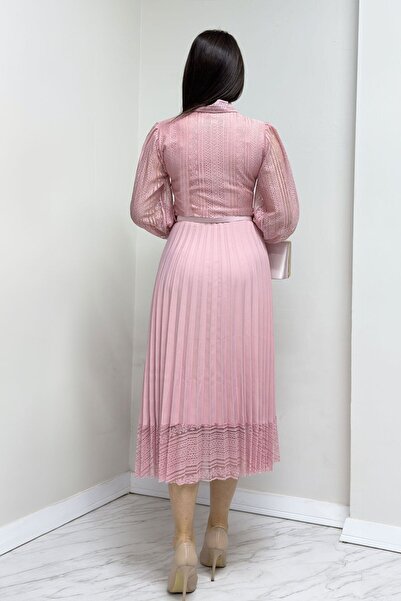 Elbise Delisi Pink Lace Detailed Pleated Evening Dress - Halter Neck