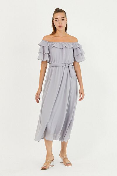 Elbise Delisi Φόρεμα από σιφόν σε γκρι Flounced γιακά Madonna Plus Size