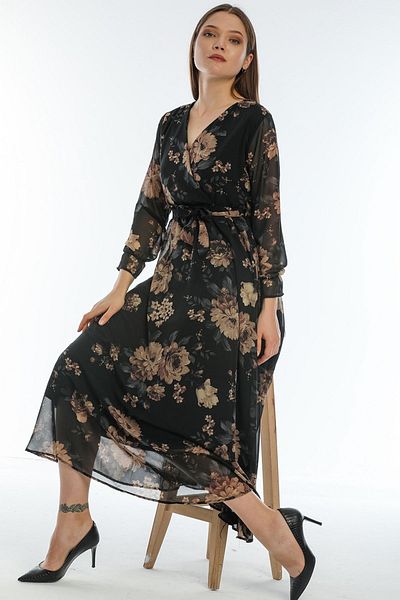 Elbise Delisi Black Flower Pattern Double Breasted Plus Size Chiffon Dress