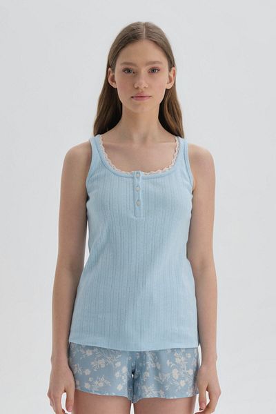 Dagi Blue Buttoned Collar Cotton Tank Top
