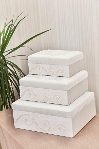 Nima Çeyiz Sandık Ahşap 3lü Gelin Çeyiz Kutuları Ekru