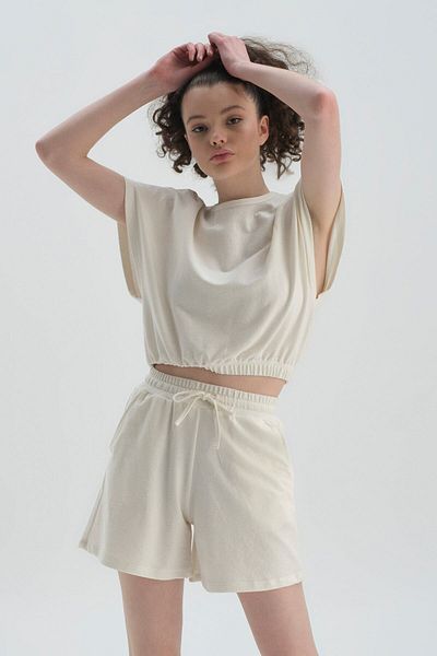 Dagi T-shirt Ecru Crew Neck Cotton Crop