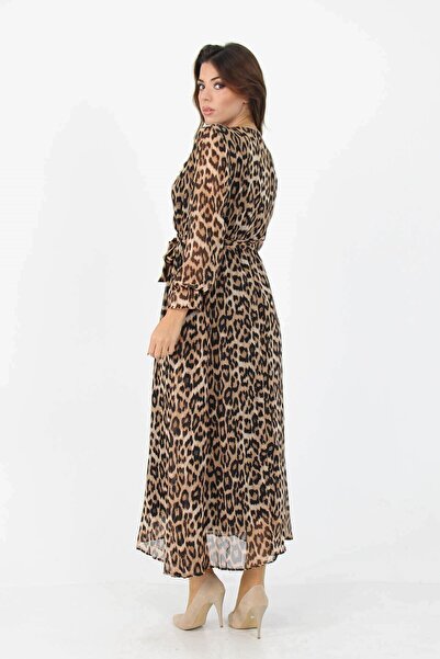Elbise Delisi Women's Leopard Long Double-breasted Collar Chiffon Dress