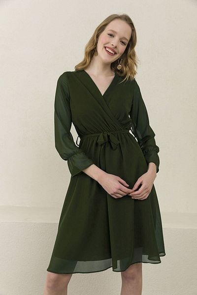 Elbise Delisi Khaki Double Breasted Collar Short Lined Plus Size Chiffon Dress