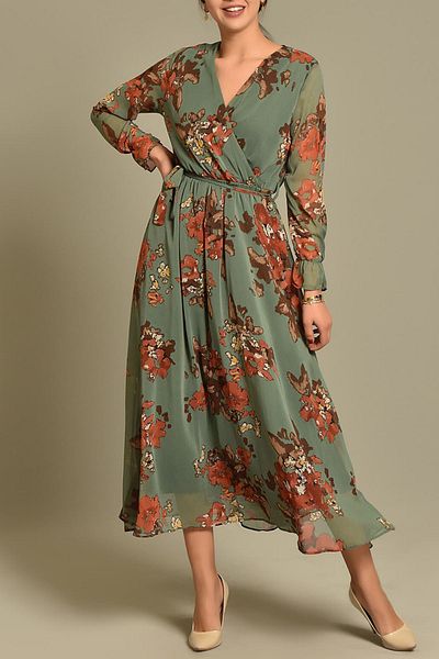 Elbise Delisi Green Floral Long Double Breasted Collar Chiffon Dress