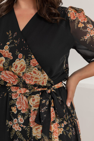 Elbise Delisi Sarı Çiçekli Kısa Kol Astarlı Büyük Beden Şifon Elbise Sk